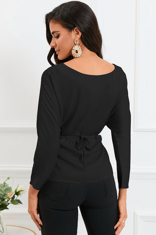 Boat Neck Back Tie Long Sleeve Satin Blouse Divacious