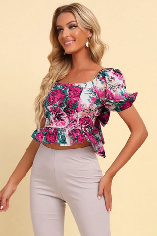 Floral Tied Cropped Peplum Blouse Divacious