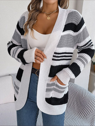 Striped Open Front Long Sleeve Cardigan Divacious