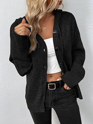 Button Up Drawstring Long Sleeve Hooded Cardigan Divacious