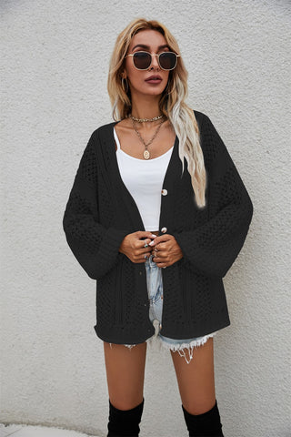 Openwork V-Neck Button Up Cardigan Divacious