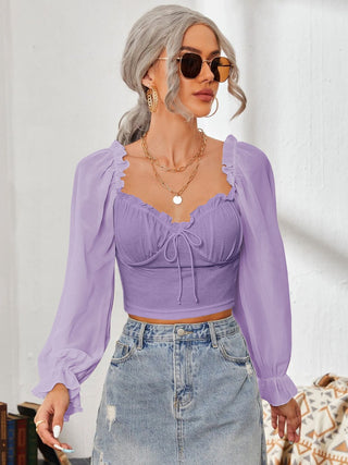 Mesh Sweetheart Neck Flounce Sleeve Top Divacious