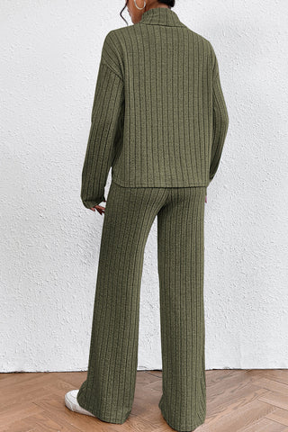 Ribbed Mock Neck Top and Pants Set Trendsi