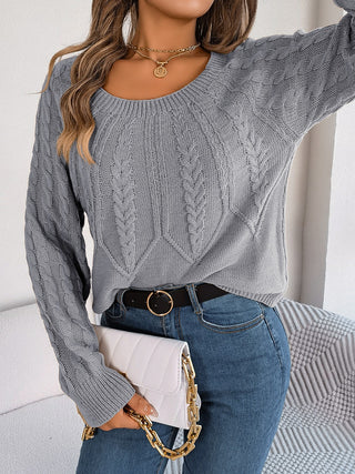 Cable-Knit Round Neck Long Sleeve Sweater Divacious