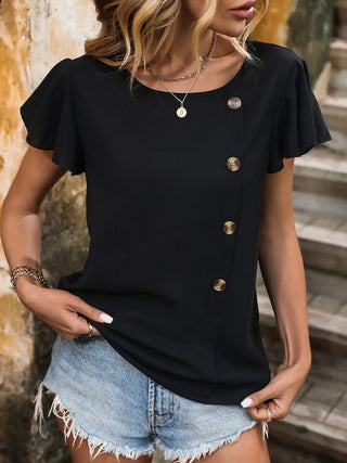 Decorative Button Round Neck Short Sleeve Blouse Divacious