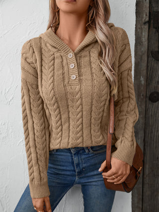 Cable-Knit Long Sleeve Hooded Sweater - Divacious