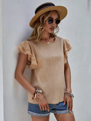 Ruffled Cap Sleeve Round Neck Blouse Divacious