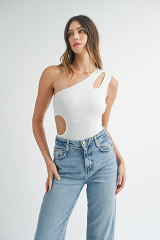 MABLE One Shoulder Ribbed Cutout Detail Bodysuit Divacious