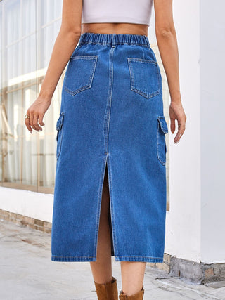 Slit Midi Denim Skirt with Pockets Divacious