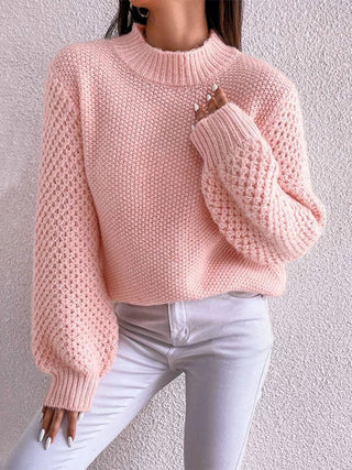 Openwork Mock Neck Long Sleeve Sweater Divacious