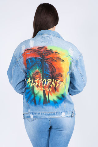 Full Size Painted Back Distressed Denim Jacket Divacious