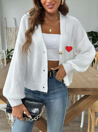 Heart Button Down V-Neck Long Sleeve Cardigan - Divacious