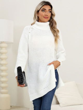 Slit Turtleneck Long Sleeve Sweater - Divacious