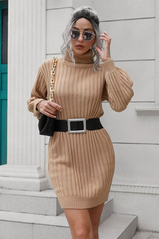 Ribbed Turtle Neck Long Sleeve Mini Sweater Dress Divacious