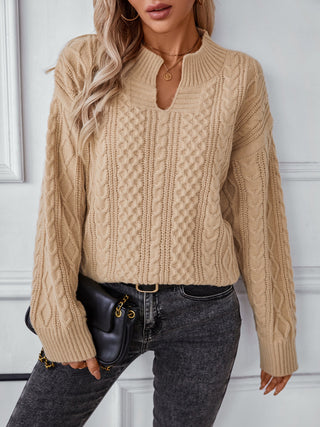 Cable-Knit Notched Long Sleeve Sweater - Divacious