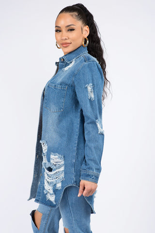 Distressed Button Down Denim Shirt Jacket Divacious