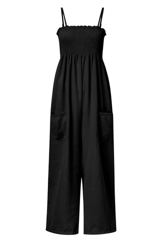 Smocked Spaghetti Strap Wide Leg Jumpsuit Divacious