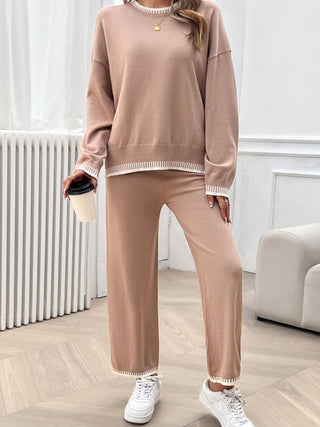 Devine Round Neck Dropped Shoulder Top and Pants Sweater Set Trendsi