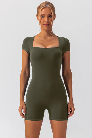 Square Neck Cap Sleeve Active Romper Divacious