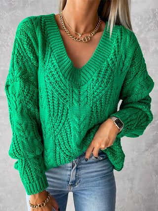 V-Neck Cable-Knit Long Sleeve Sweater Divacious