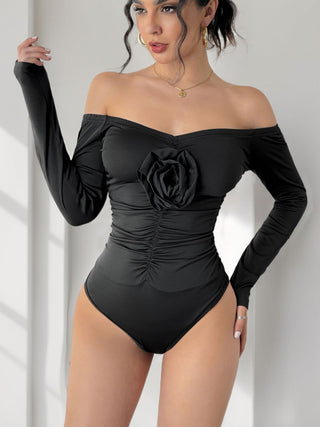 Ruched Flower Off-Shoulder Long Sleeve Bodysuit - Divacious