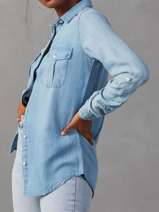 Collared Neck Roll-Tab Sleeve Denim Top - Divacious