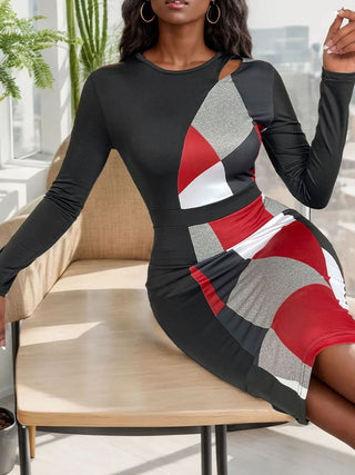 Perfee Cutout Color Block Round Neck Long Sleeve Dress Trendsi