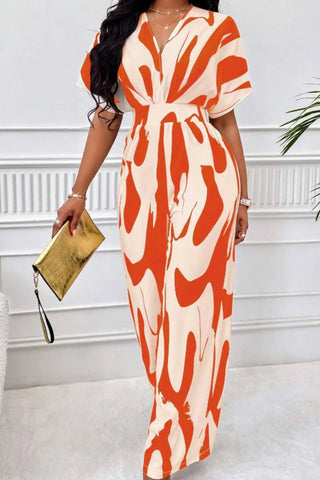 Printed V-Neck Short Sleeve Wide Leg Jumpsuit Divacious