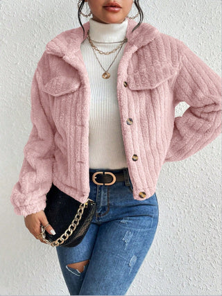 Fuzzy Button Up Collared Neck Jacket Divacious