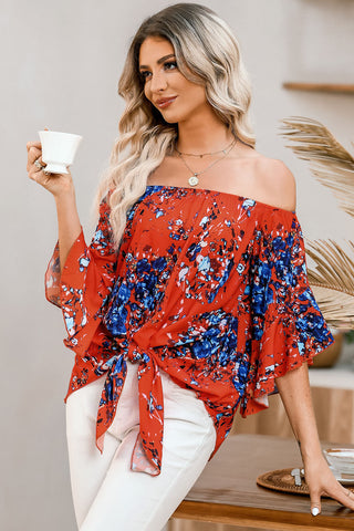 Tied Printed Off-Shoulder Half Sleeve Blouse Divacious