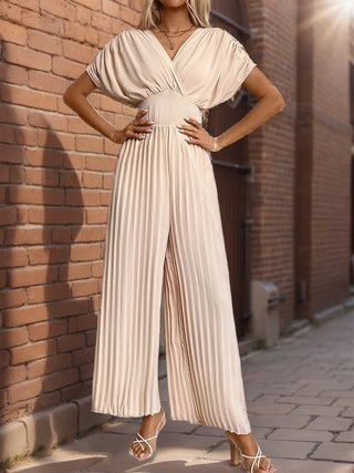 Pleated Short Sleeve Wide Leg Jumpsuit Divacious