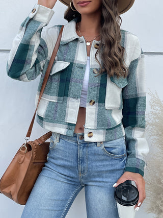 Plaid Button Up Drop Shoulder Cropped Jacket Divacious