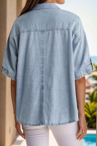 Pocketed Button Up Half Sleeve Denim Shirt Divacious