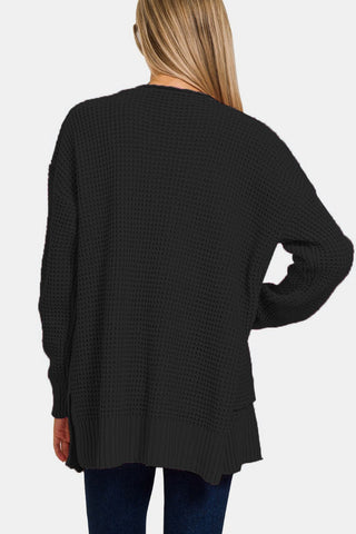 Waffle Open Front Sweater Cardigan - Divacious