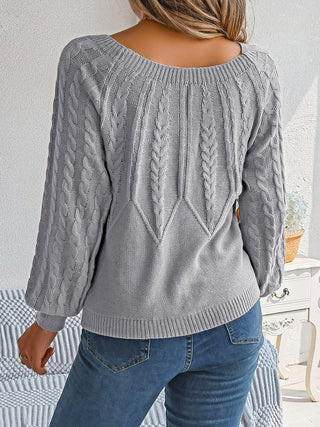 Cable-Knit Round Neck Long Sleeve Sweater Divacious