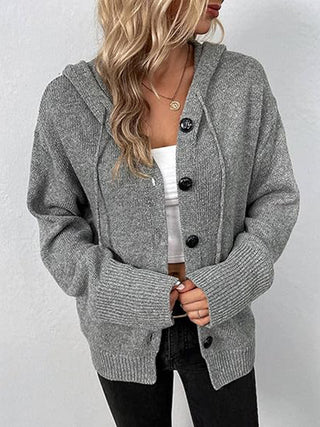 Button Up Drawstring Long Sleeve Hooded Cardigan Divacious