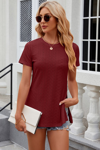 Eyelet Slit Round Neck Short Sleeve T-Shirt Divacious