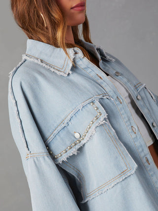 Button Down Raw Hem Denim Jacket Divacious