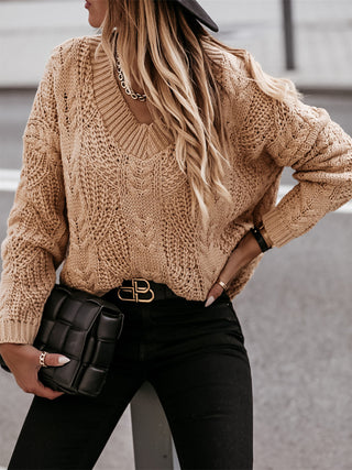 V-Neck Cable-Knit Long Sleeve Sweater Divacious