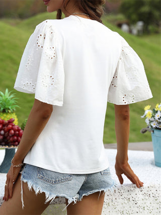 Eyelet Round Neck Half Sleeve Blouse Divacious