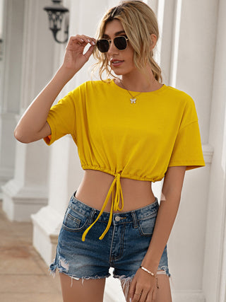 Drawstring Round Neck Short Sleeve T-Shirt Divacious