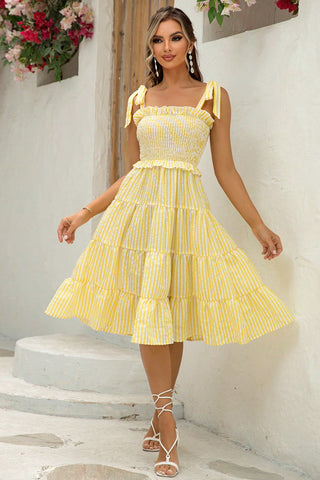 Striped Tie-Shoulder Tiered Dress Trendsi