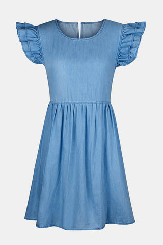 Full Size Ruffled Round Neck Cap Sleeve Denim Dress Divacious