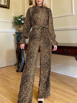 Leopard Flounce Sleeve Wide Leg Jumpsuit - Divacious