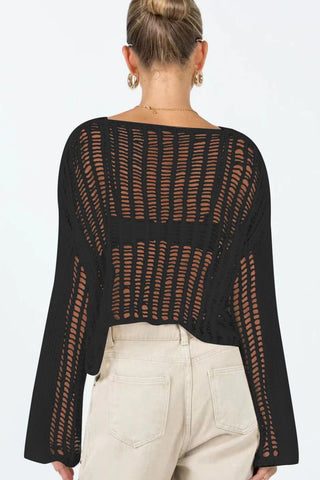 Openwork Boat Neck Long Sleeve Cover Up Divacious