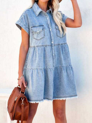 Raw Hem Short Sleeve Denim Dress Divacious