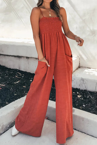 Smocked Spaghetti Strap Wide Leg Jumpsuit Divacious