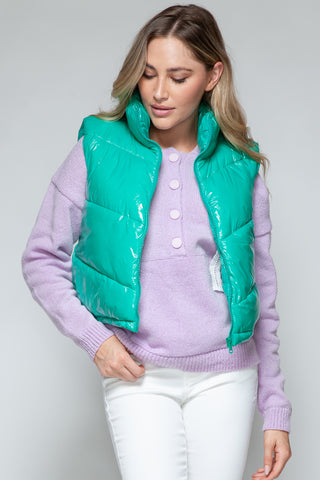 Snobbish Zip Up Turtleneck Shiny Quilted Vest Trendsi