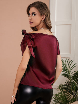 Tied Single Shoulder Short Sleeve Blouse Divacious