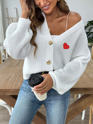 Heart Button Down V-Neck Long Sleeve Cardigan - Divacious